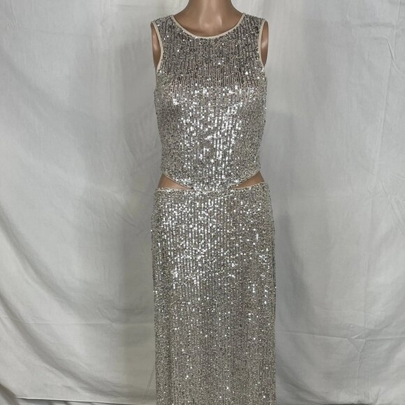 Saemdi Fitted Sequin Cut-Out Maxi Dress • Size S • Silver - Picture 1 of 9